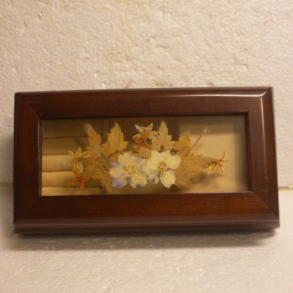 Vintage 90s Wood and Glass Jewelry Box with Dried Flowers Plays Love Story Theme